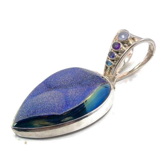 Druzy Pendant, Amethyst, Sterling Silver, Iolite, Blue Topaz, Calcedony, Sajen - Picture 4 of 7